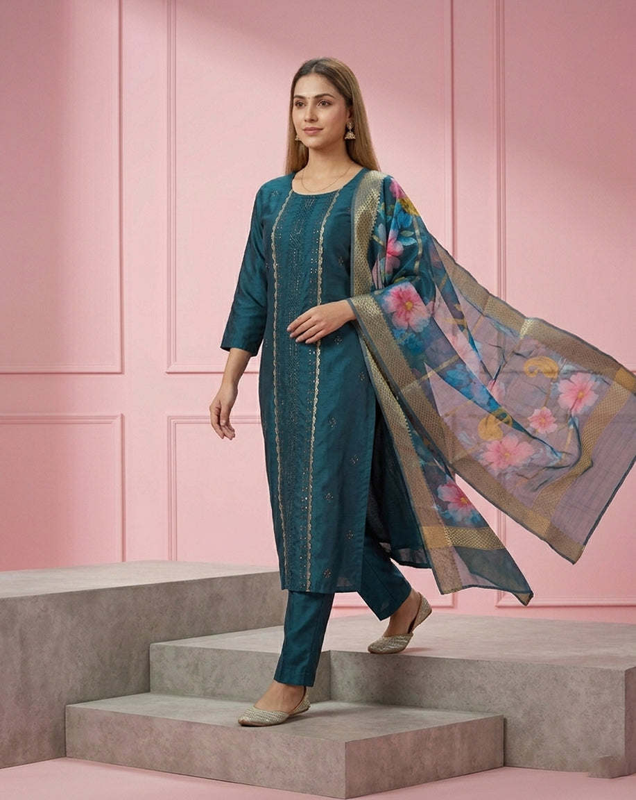 Teal Mirror Sequin Embroidered Straight Kurta Set