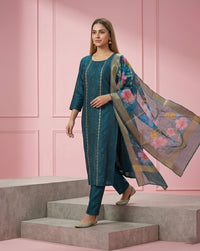 Teal Mirror Sequin Embroidered Straight Kurta Set 1