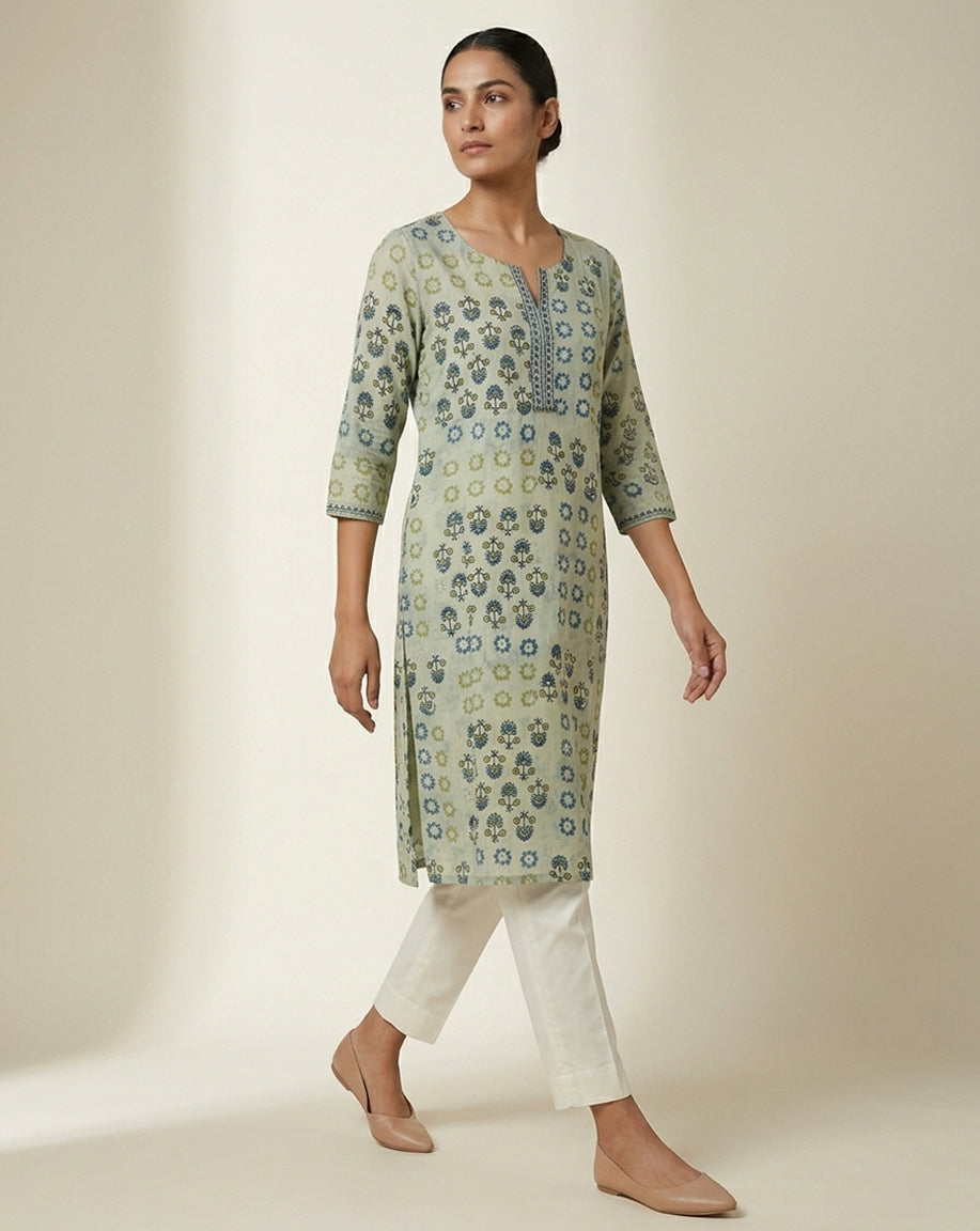 Sage Green Indigo Floral Block Print Straight Kurti