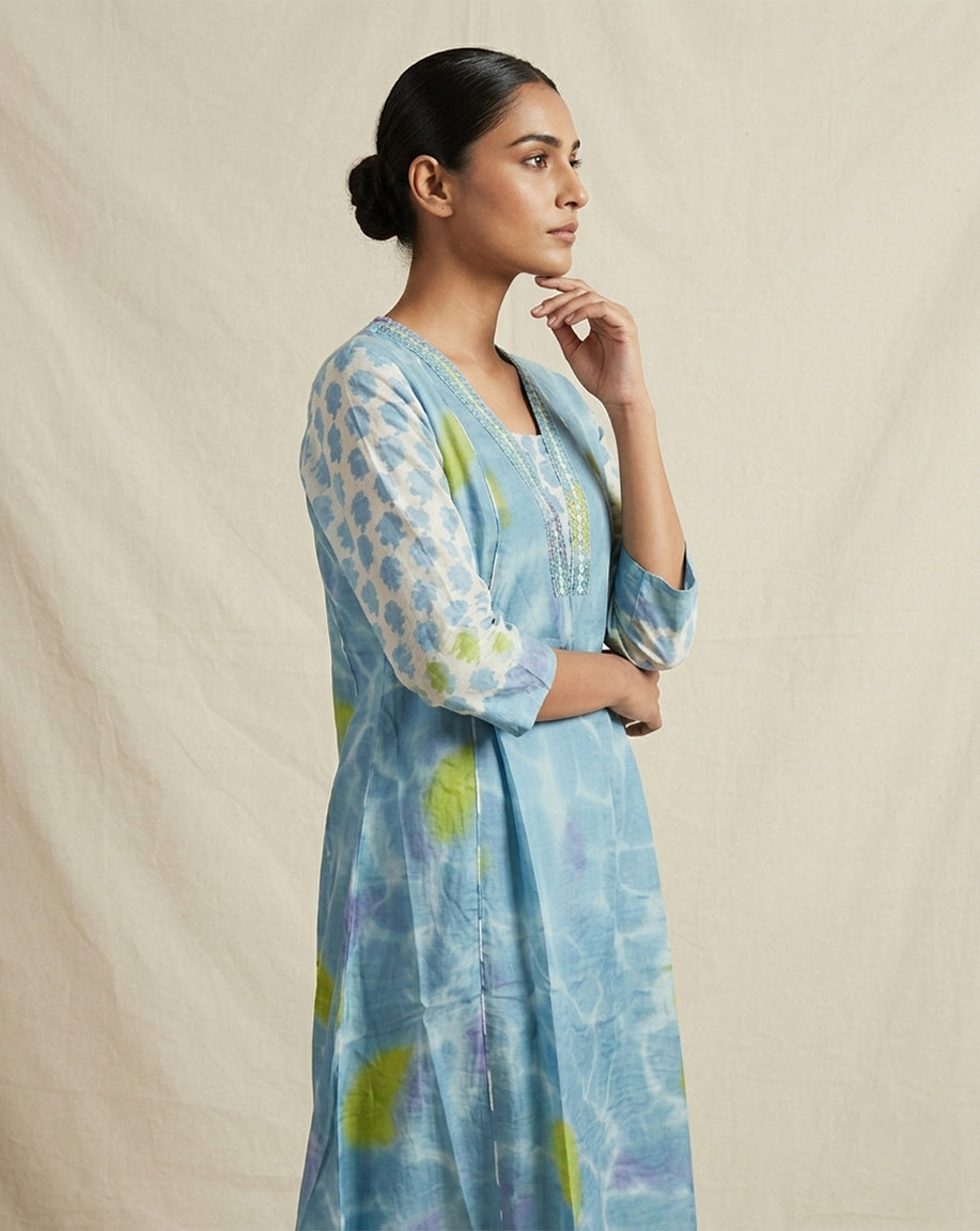 Blue "Azure" Water-Ripple Print Cotton Tiered Midi Dress