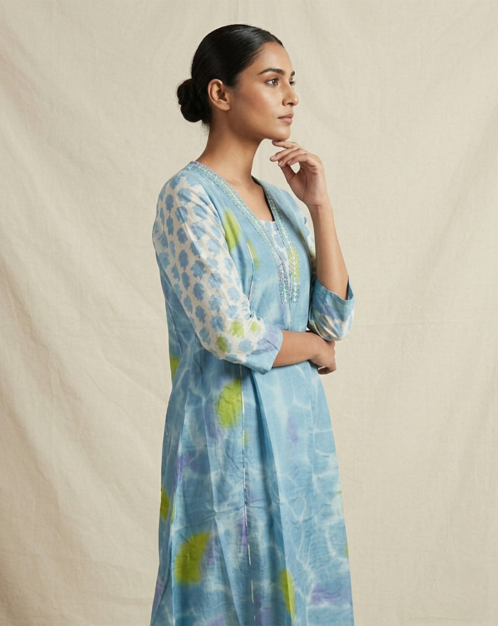 Blue "Azure" Water-Ripple Print Cotton Tiered Midi Dress