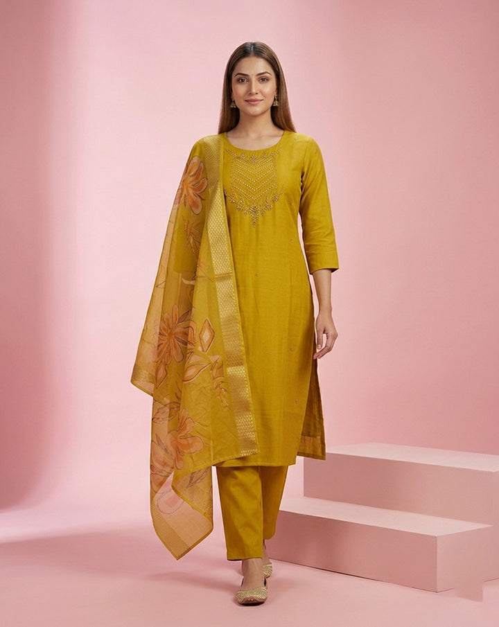 Mustard Mirror Chevron Embroidered Straight Kurta Set