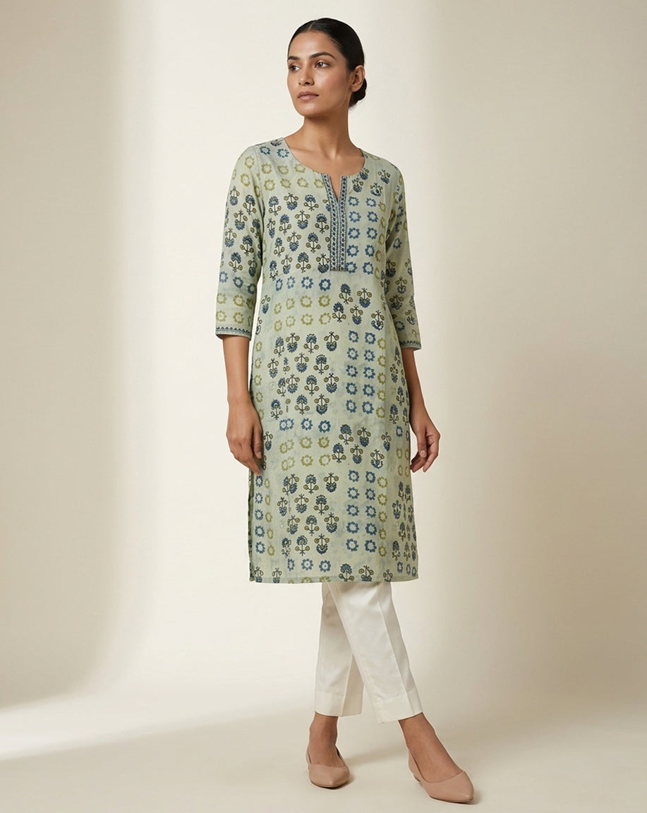 Sage Green Indigo Floral Block Print Straight Kurti