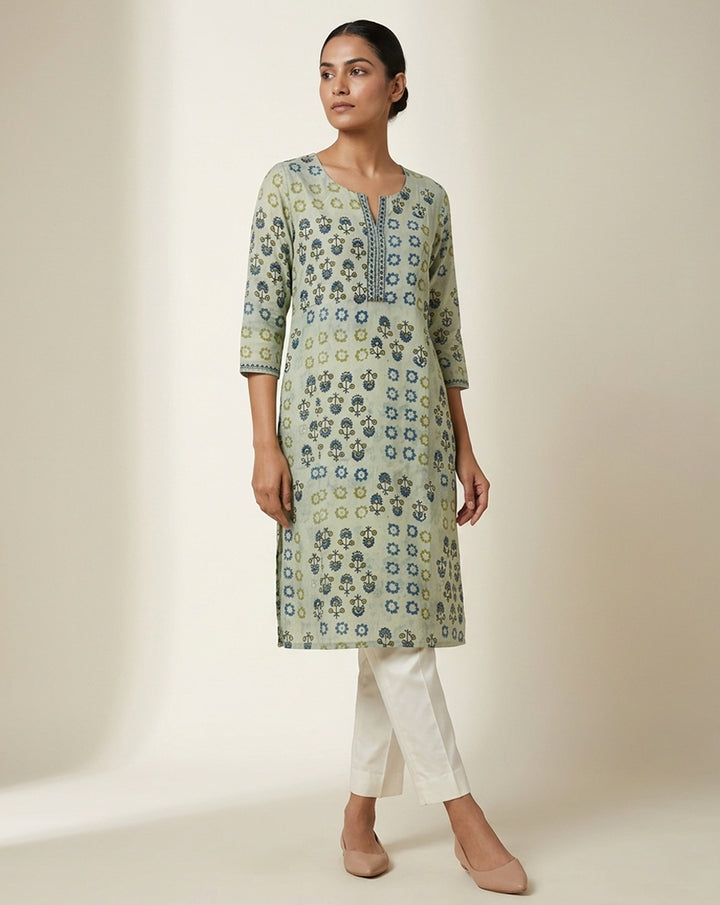 Sage Green Indigo Floral Block Print Straight Kurti