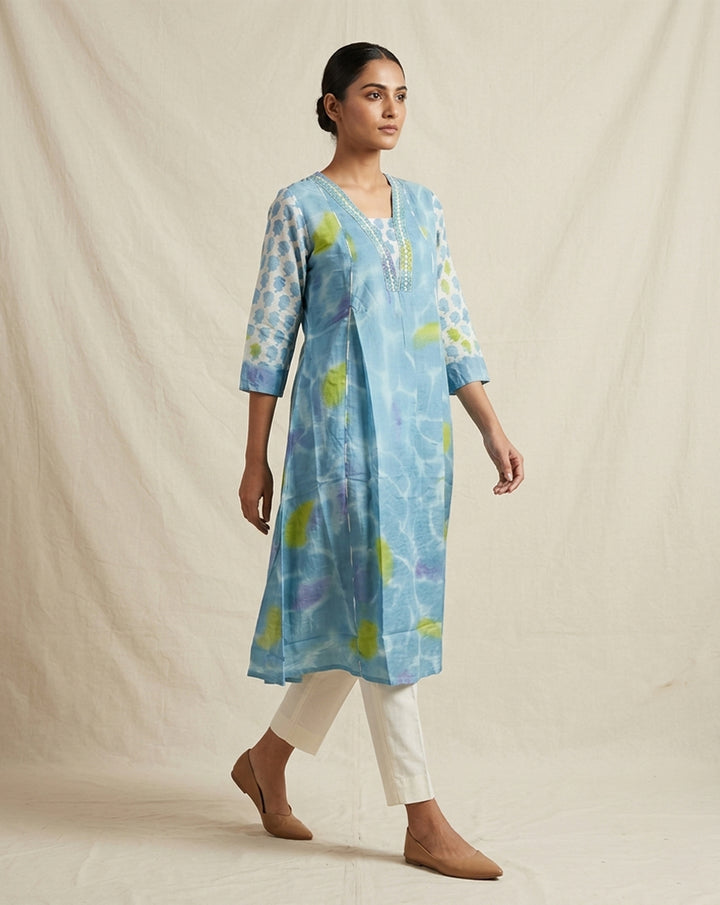 Blue "Azure" Water-Ripple Print Cotton Tiered Midi Dress