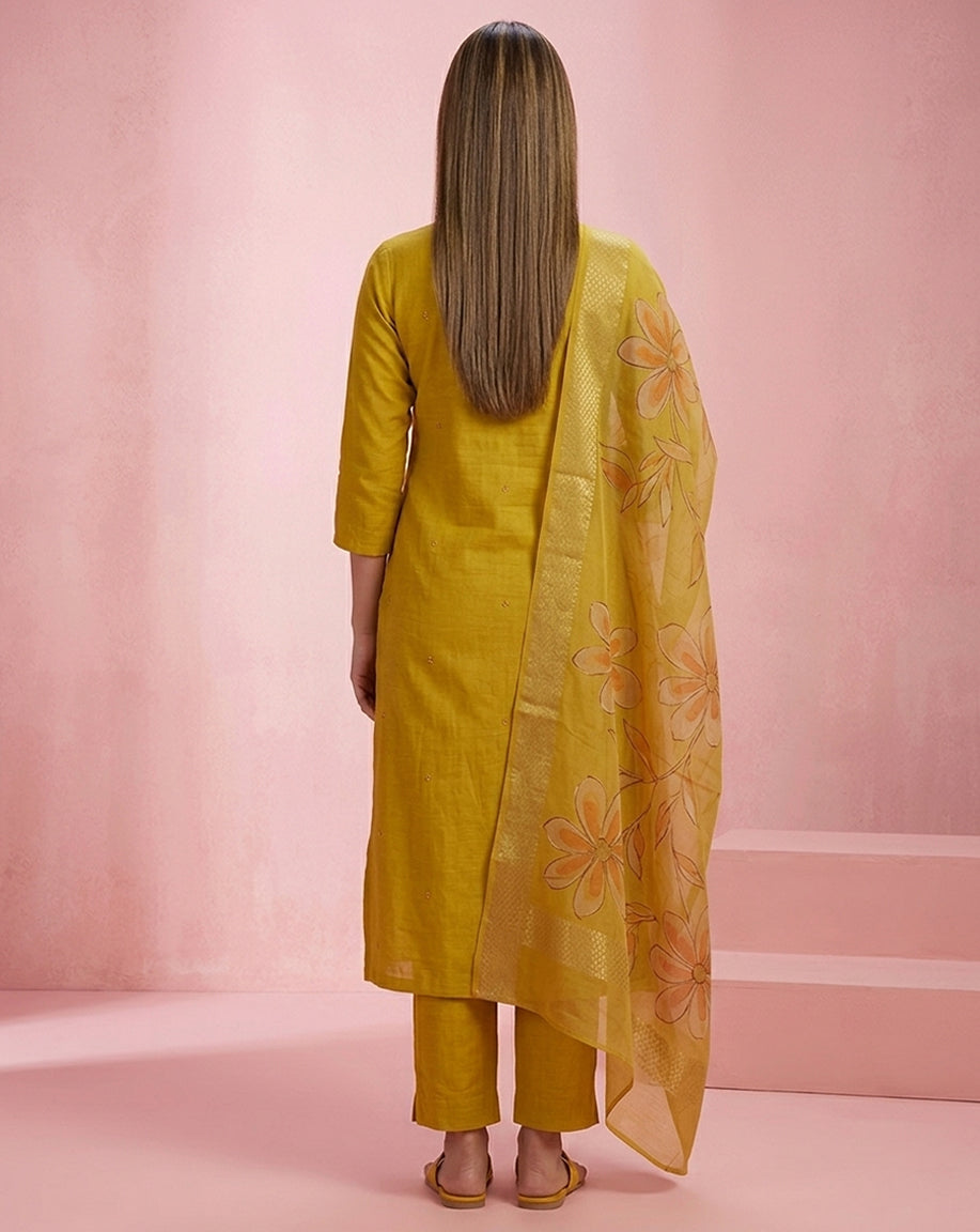 Mustard Mirror Chevron Embroidered Straight Kurta Set