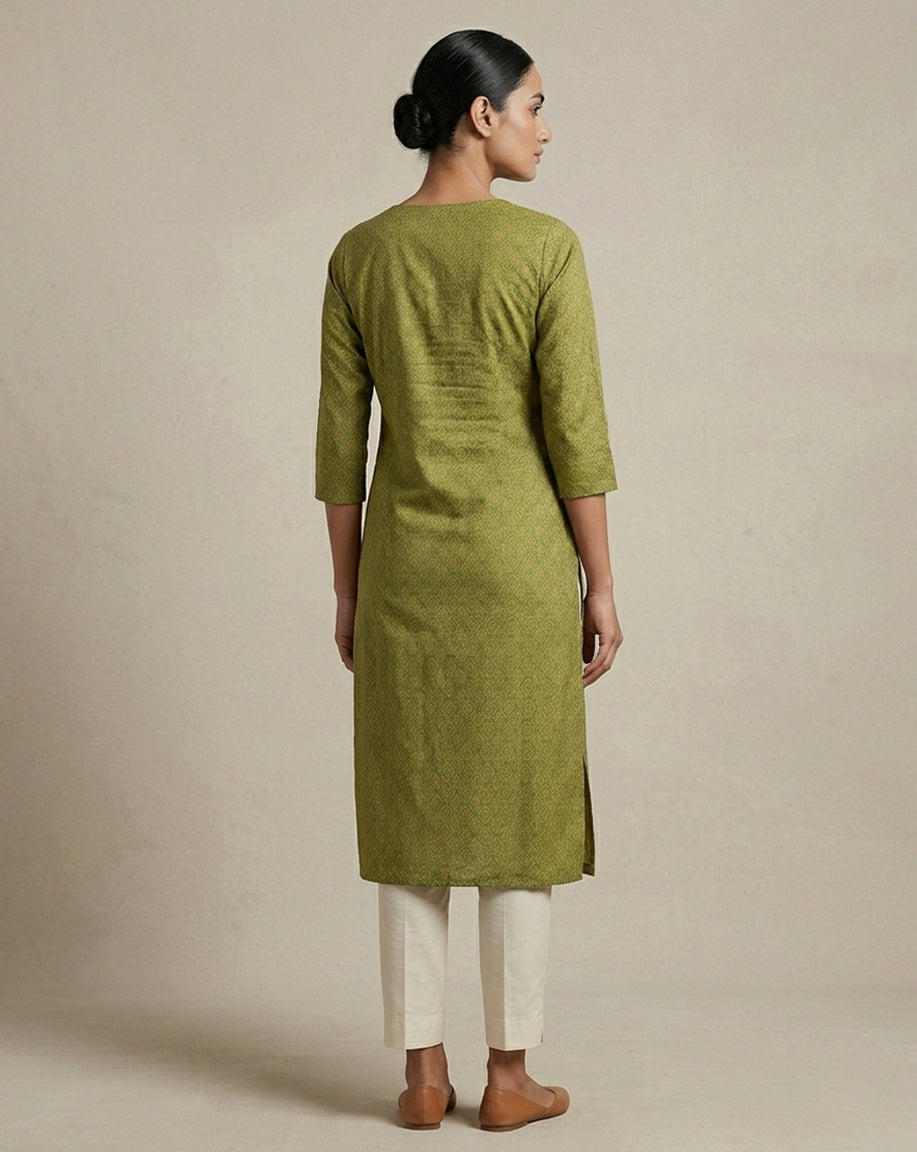 Olive Green Micro-Geometric Print Straight Kurti