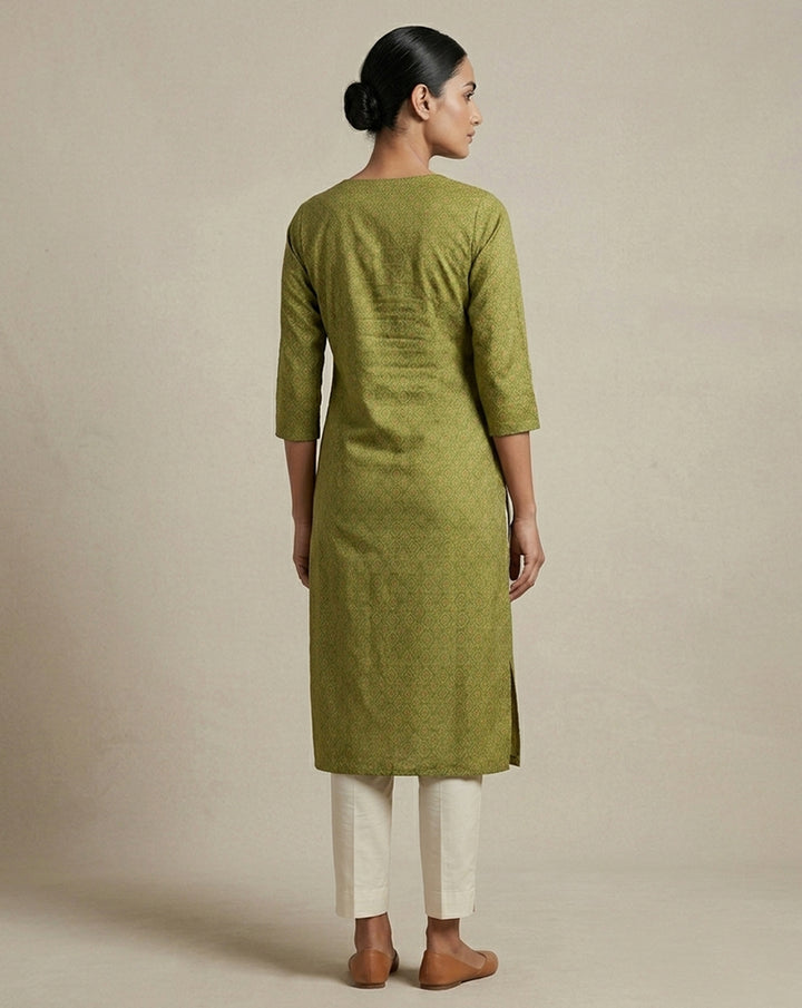 Olive Green Micro-Geometric Print Straight Kurti