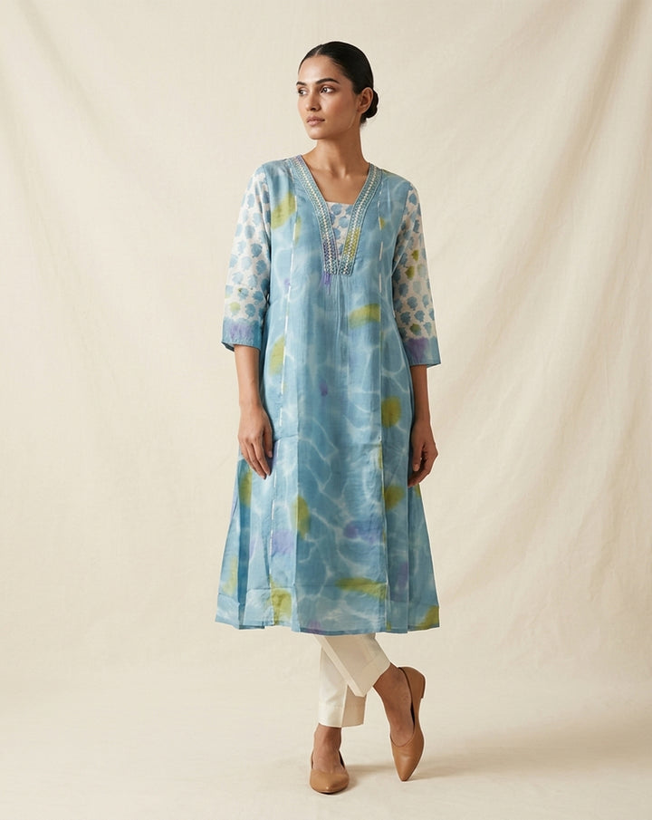 Blue "Azure" Water-Ripple Print Cotton Tiered Midi Dress