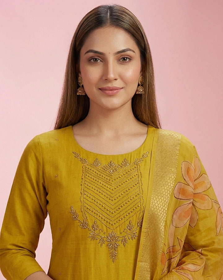 Mustard Mirror Chevron Embroidered Straight Kurta Set