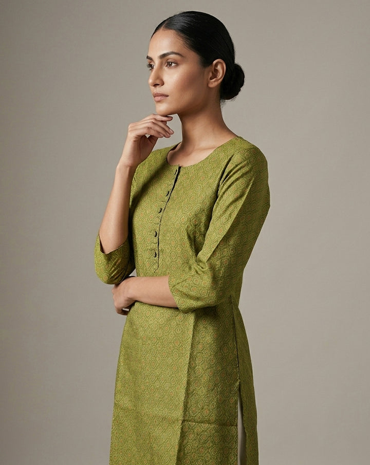 Olive Green Micro-Geometric Print Straight Kurti