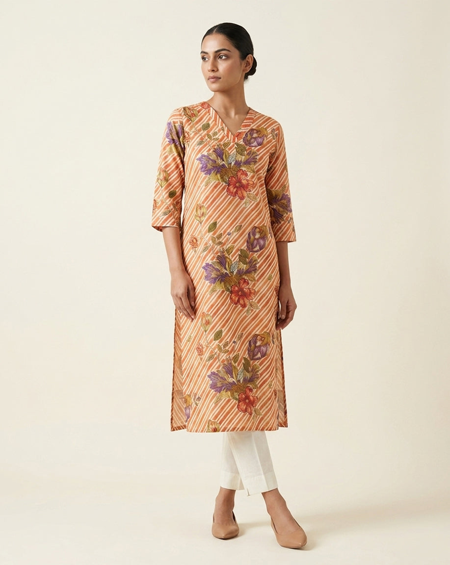 Orange "Sunset" Floral Striped Cotton Straight Kurta