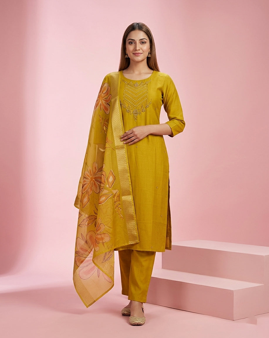 Mustard Mirror Chevron Embroidered Straight Kurta Set
