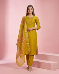 Mustard Mirror Chevron Embroidered Straight Kurta Set 3
