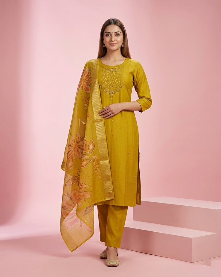 Mustard Mirror Chevron Embroidered Straight Kurta Set