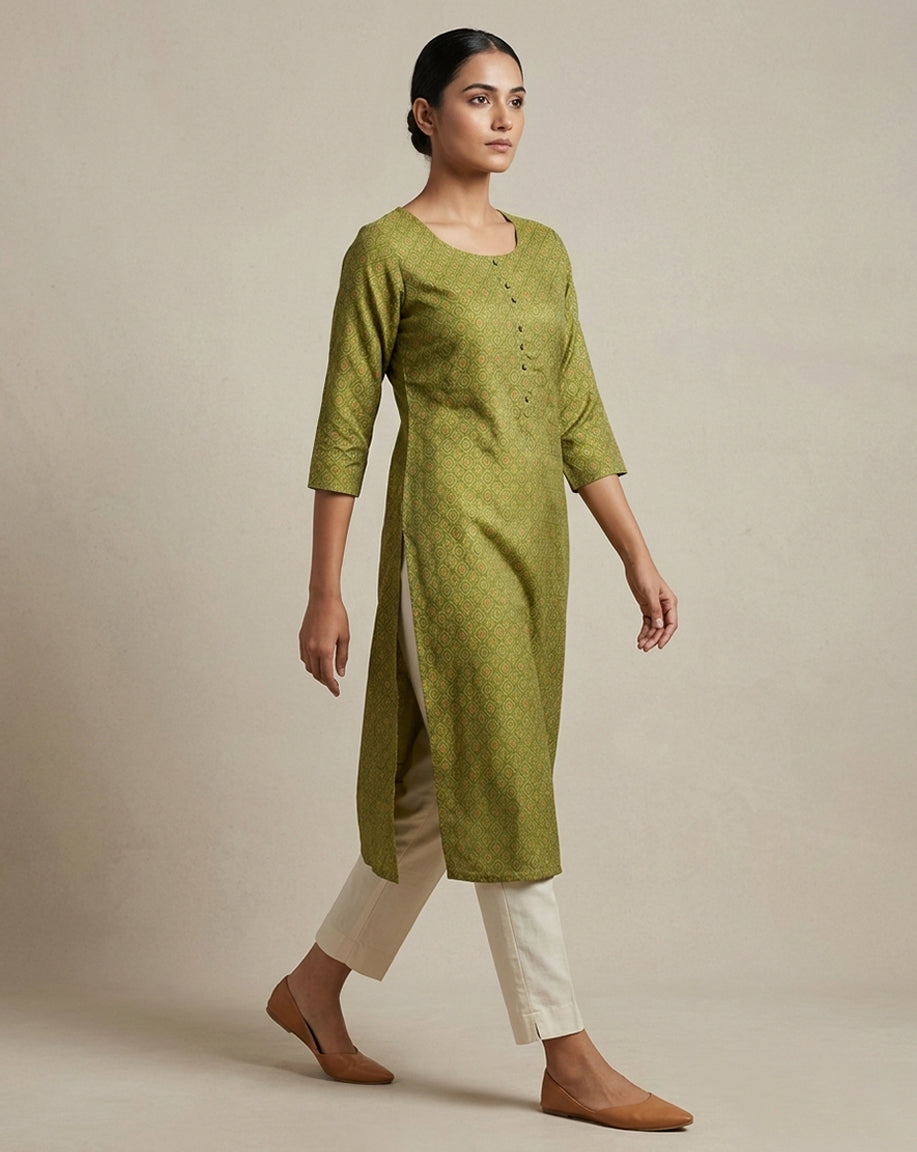 Olive Green Micro-Geometric Print Straight Kurti