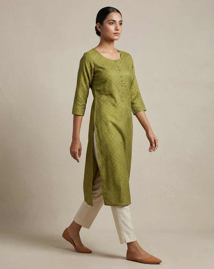 Olive Green Micro-Geometric Print Straight Kurti