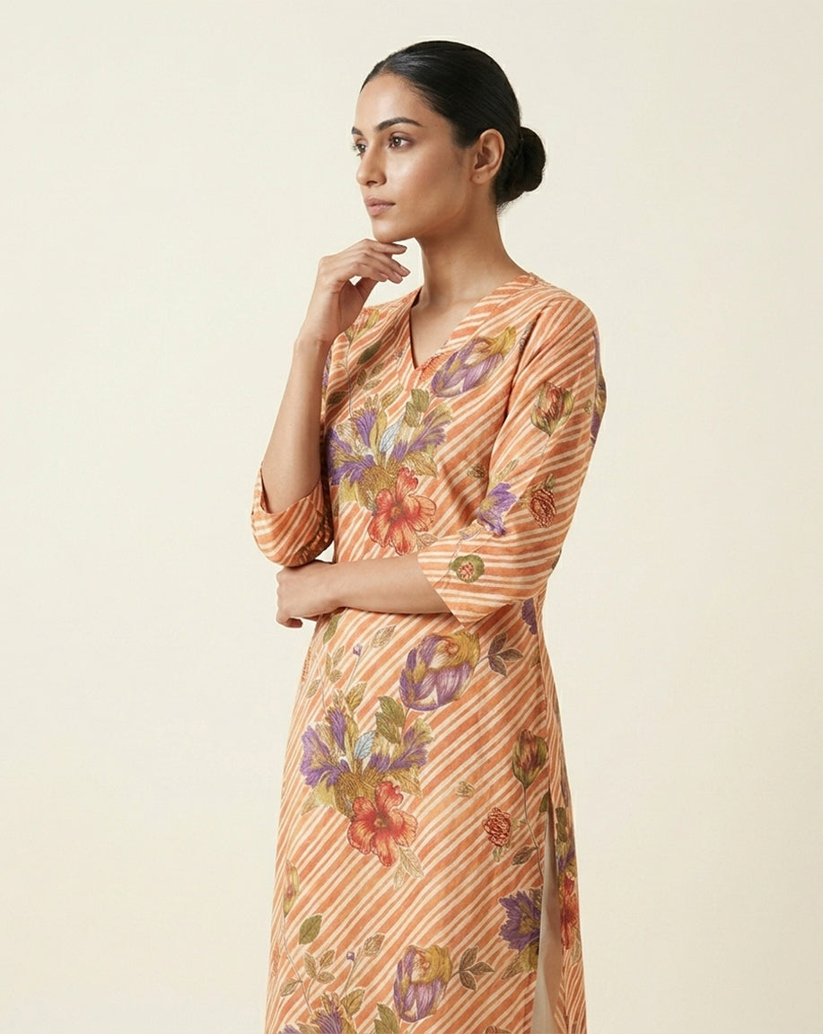 Orange "Sunset" Floral Striped Cotton Straight Kurta