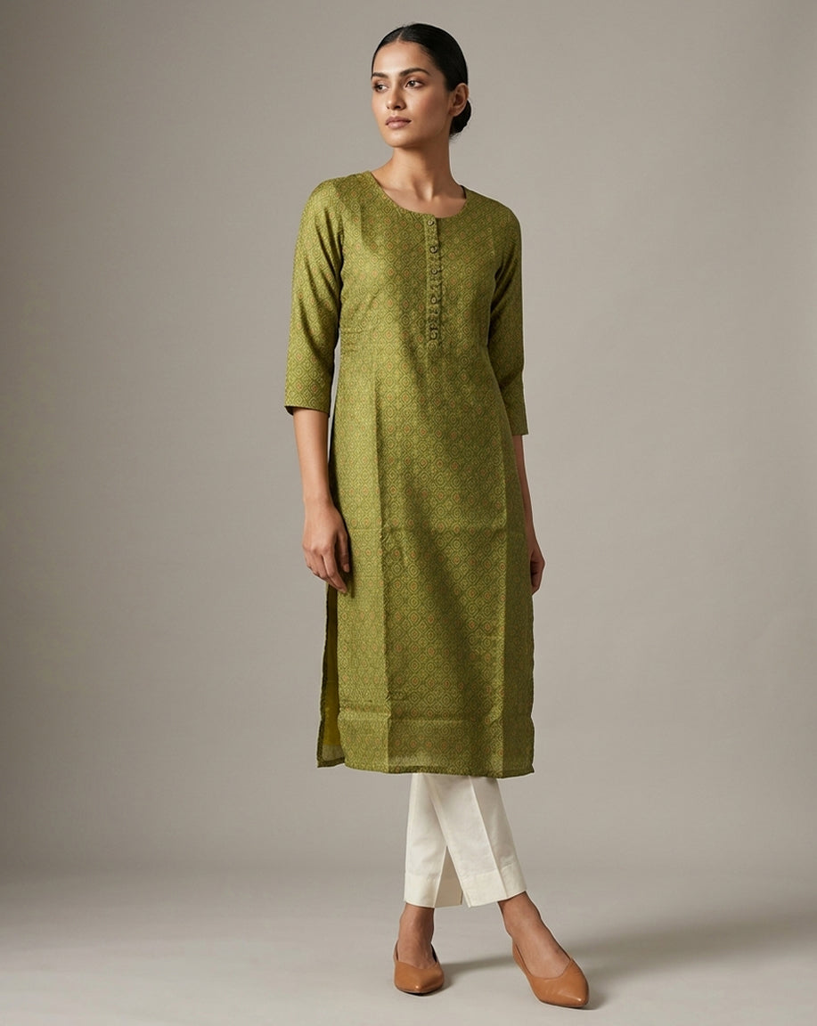 Olive Green Micro-Geometric Print Straight Kurti