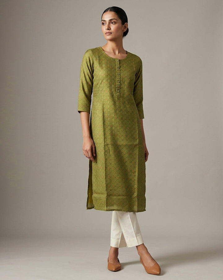 Olive Green Micro-Geometric Print Straight Kurti