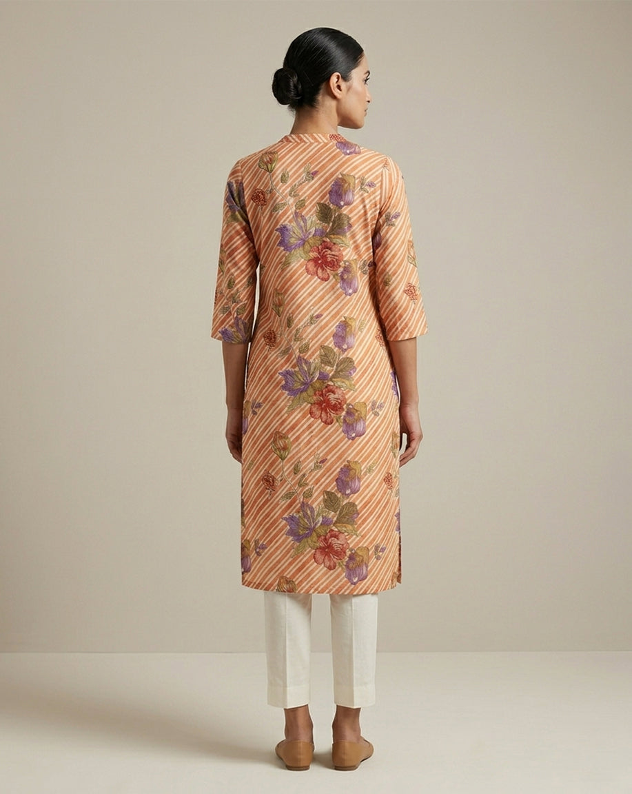 Orange "Sunset" Floral Striped Cotton Straight Kurta