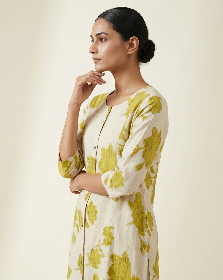 Olive Abstract Botanical Straight Kurti