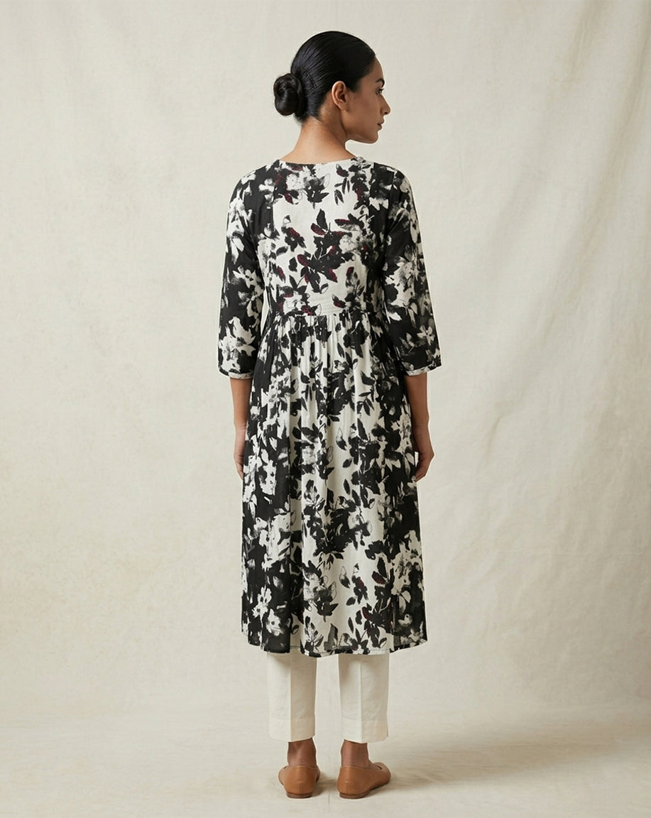 Monochrome "Botanical" Floral Print Cotton Tiered Midi Dress
