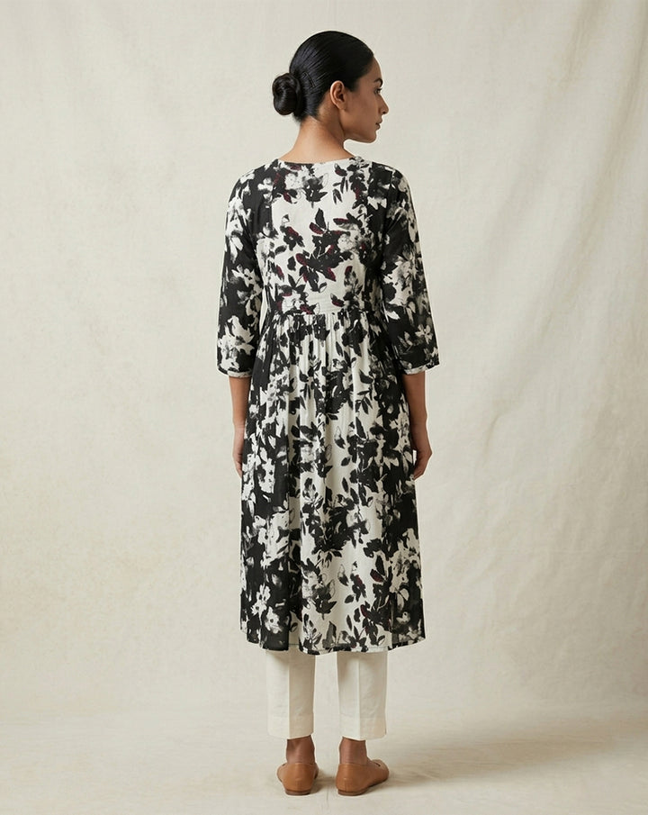 Monochrome "Botanical" Floral Print Cotton Tiered Midi Dress