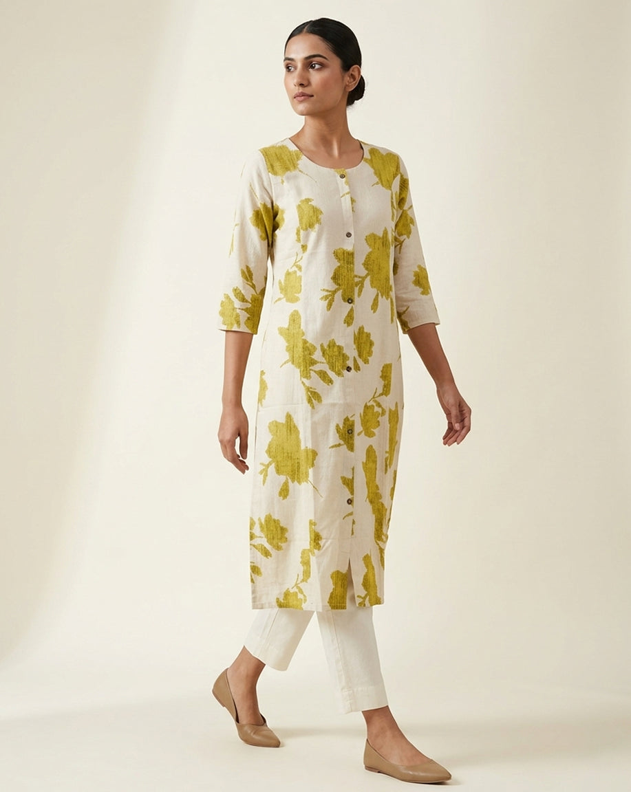 Olive Abstract Botanical Straight Kurti