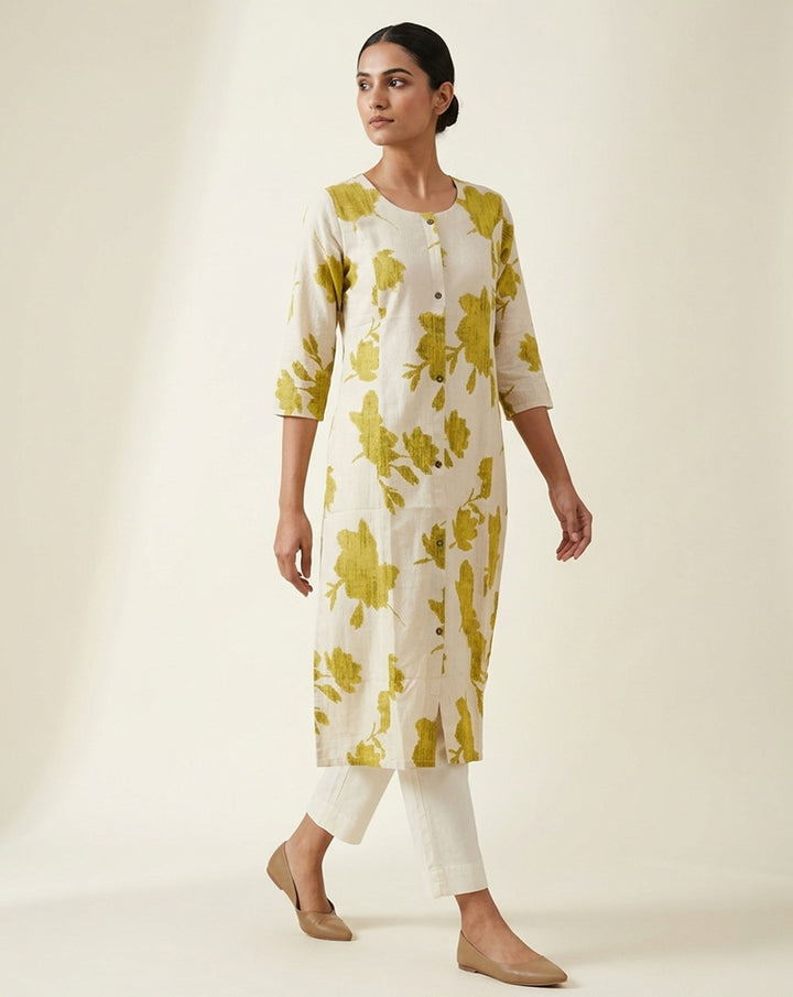 Olive Abstract Botanical Straight Kurti