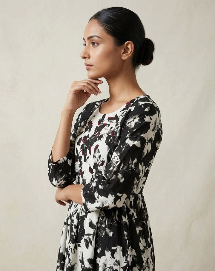 Monochrome "Botanical" Floral Print Cotton Tiered Midi Dress