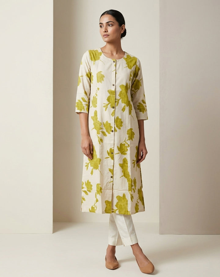 Olive Abstract Botanical Straight Kurti