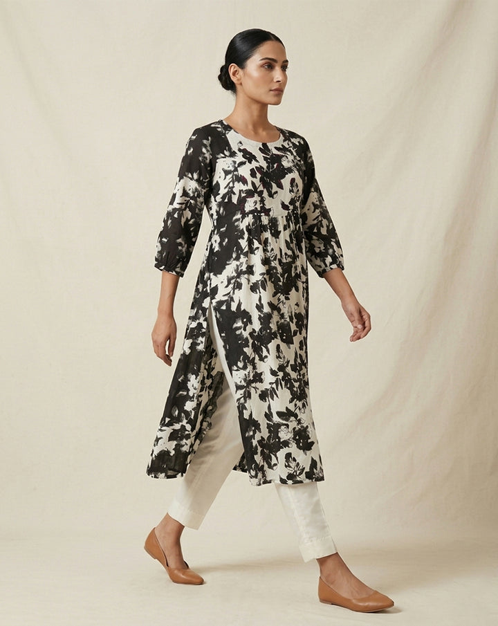 Monochrome "Botanical" Floral Print Cotton Tiered Midi Dress