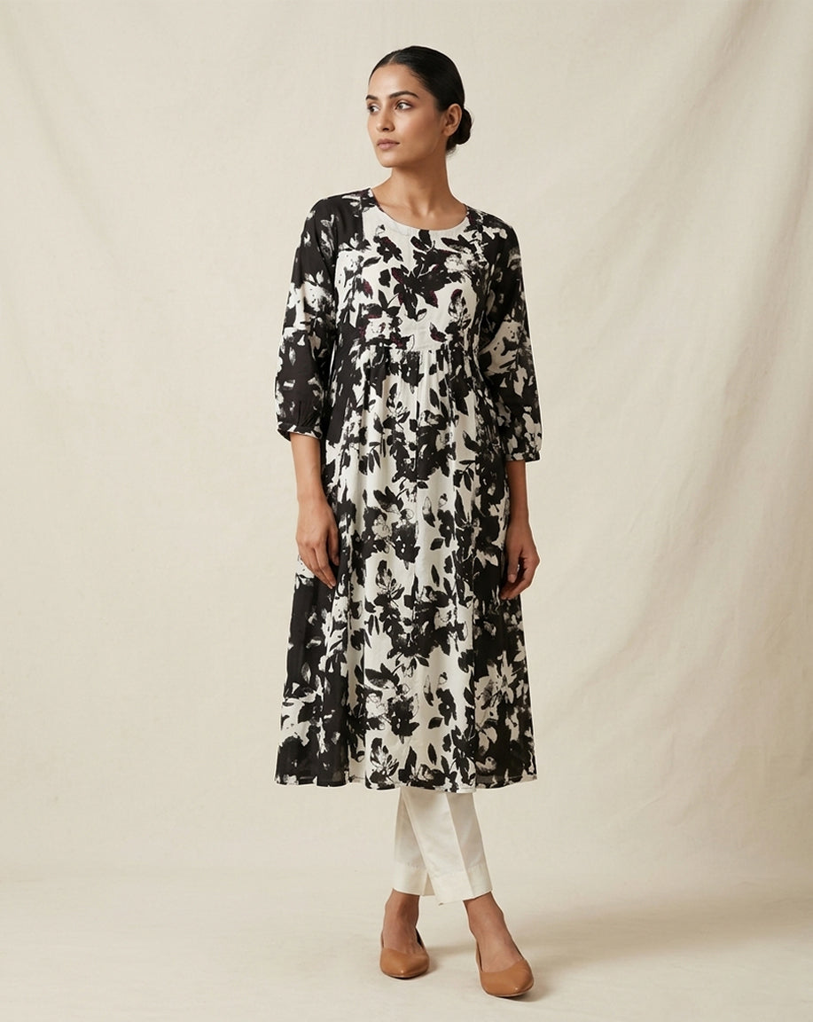 Monochrome "Botanical" Floral Print Cotton Tiered Midi Dress