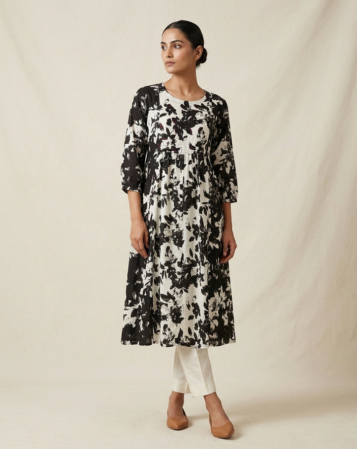 Monochrome "Botanical" Floral Print Cotton Tiered Midi Dress
