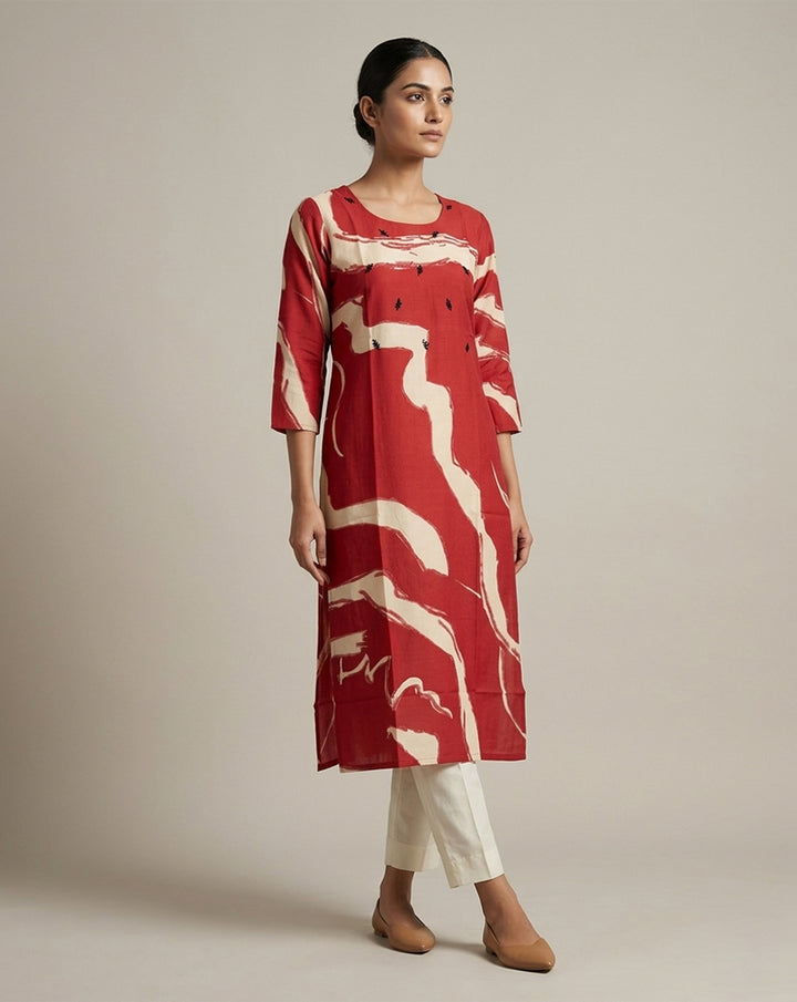 Red "Crimson" Abstract Print Cotton Straight Kurta