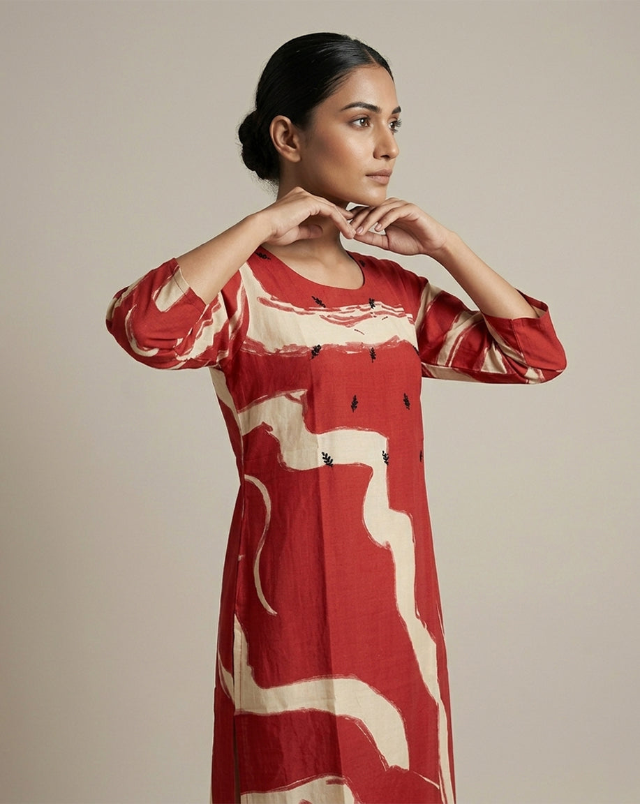 Red "Crimson" Abstract Print Cotton Straight Kurta
