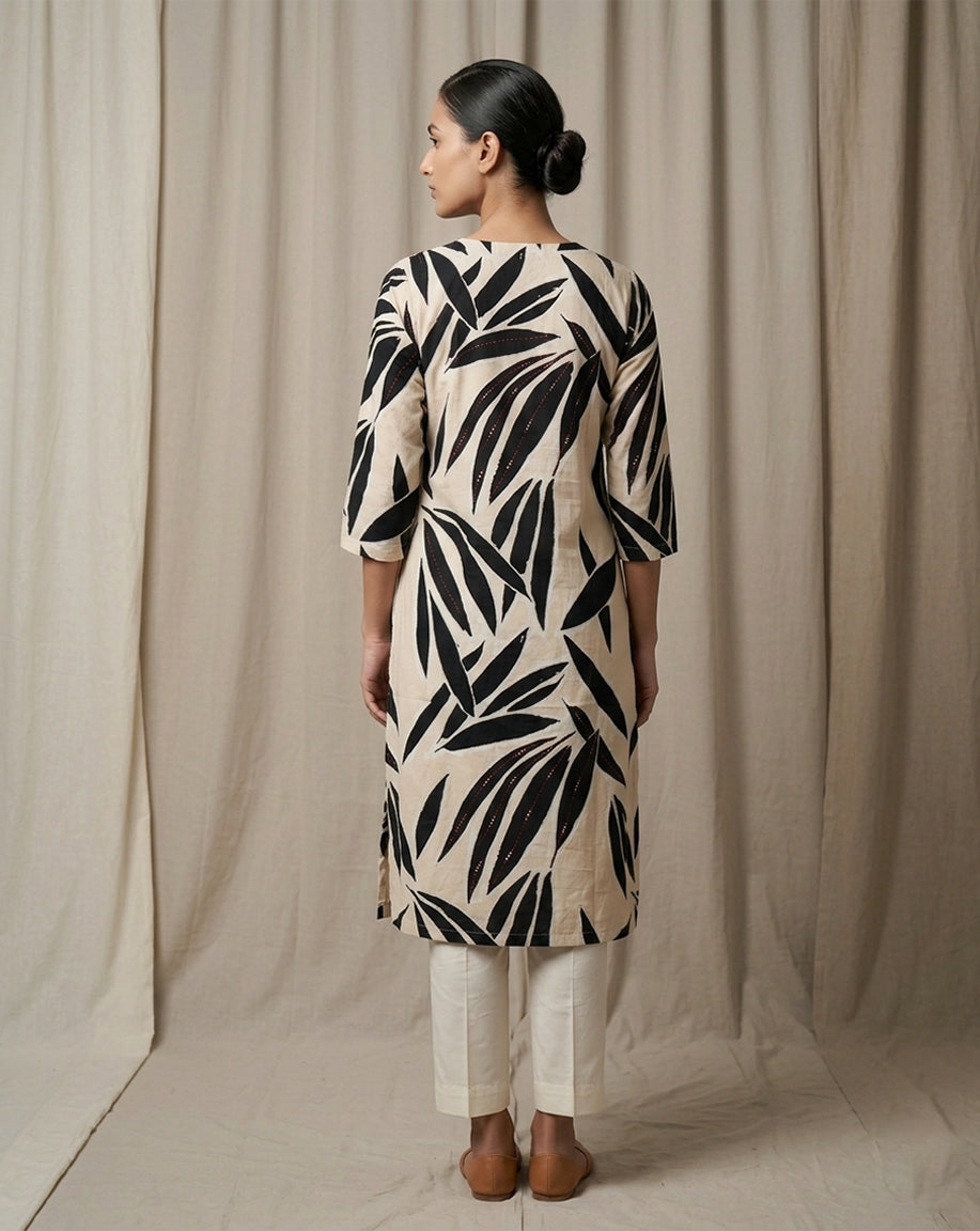 Beige "Botanical" Leaf Print Cotton Straight Kurta