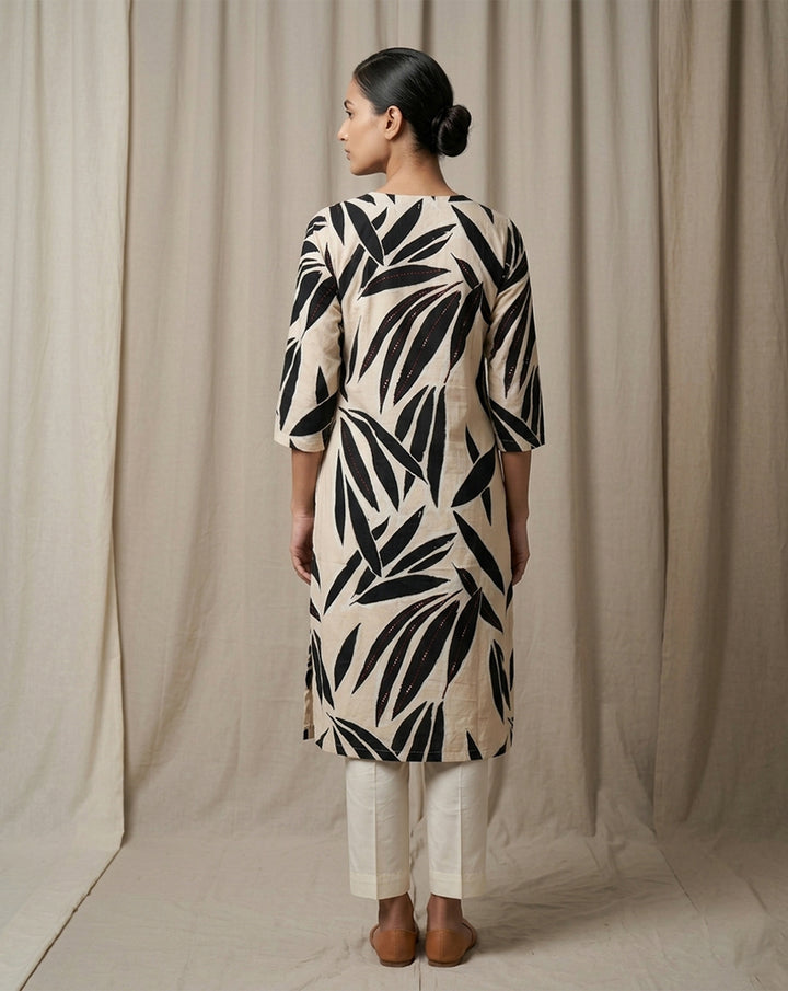 Beige "Botanical" Leaf Print Cotton Straight Kurta