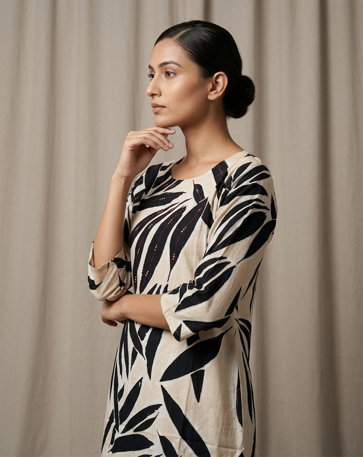 Beige "Botanical" Leaf Print Cotton Straight Kurta