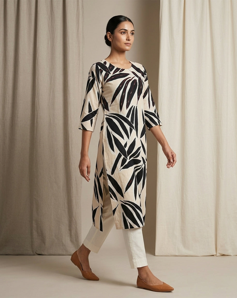 Beige "Botanical" Leaf Print Cotton Straight Kurta
