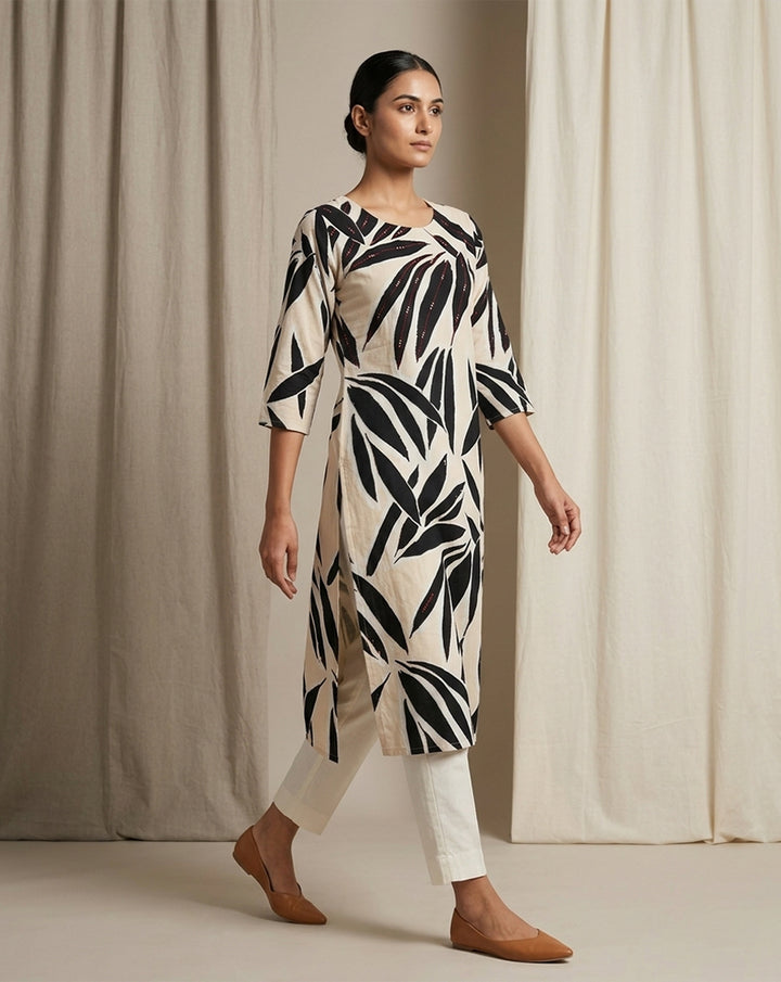 Beige "Botanical" Leaf Print Cotton Straight Kurta