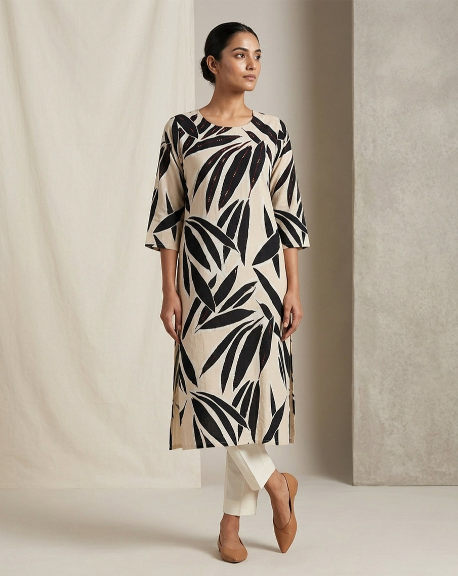 Beige "Botanical" Leaf Print Cotton Straight Kurta