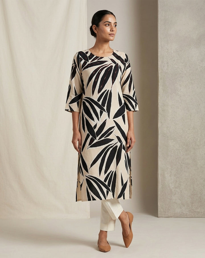 Beige "Botanical" Leaf Print Cotton Straight Kurta