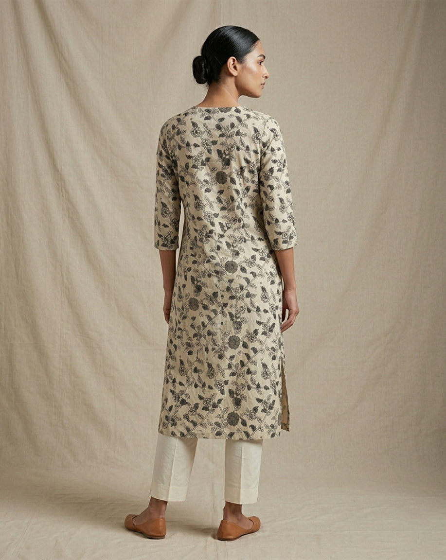 Beige "Classic" Floral Print Cotton Straight Kurta