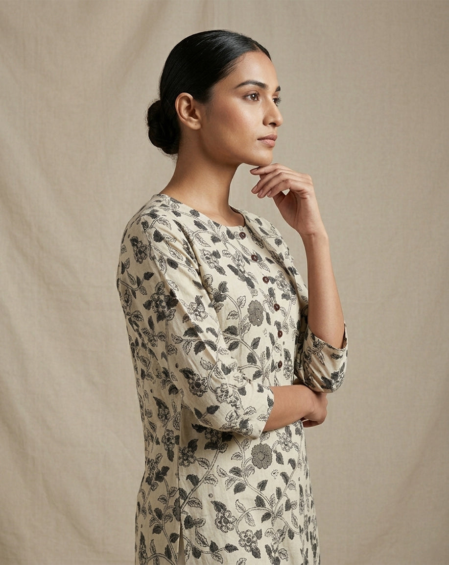 Beige "Classic" Floral Print Cotton Straight Kurta