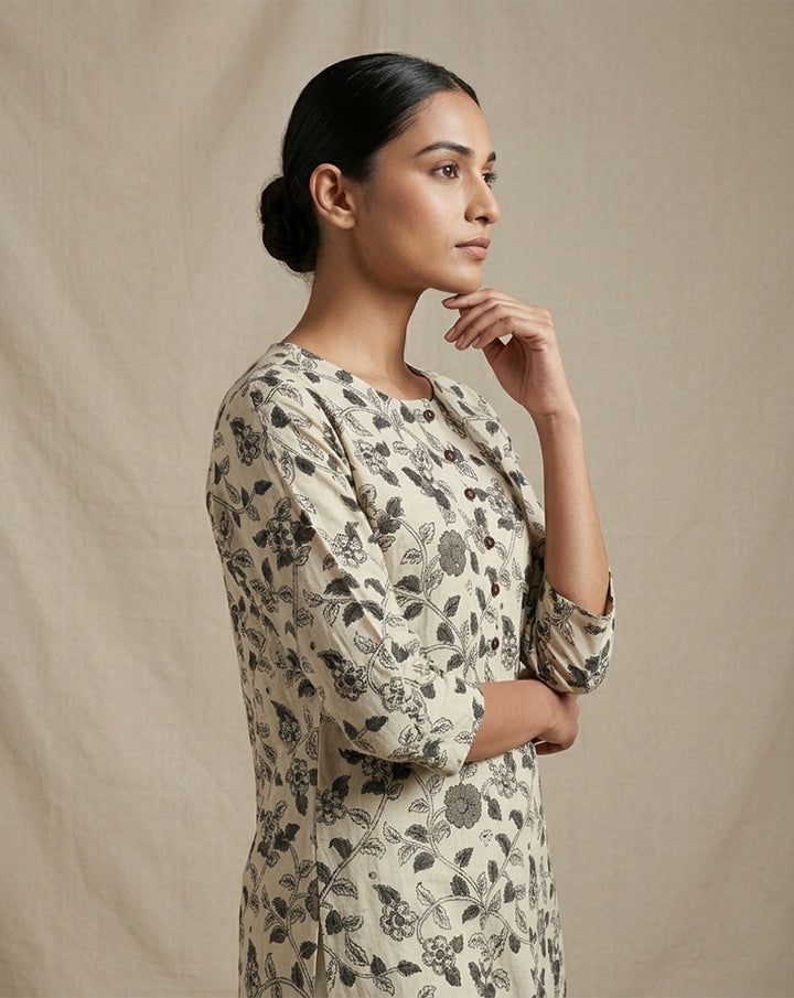 Beige "Classic" Floral Print Cotton Straight Kurta