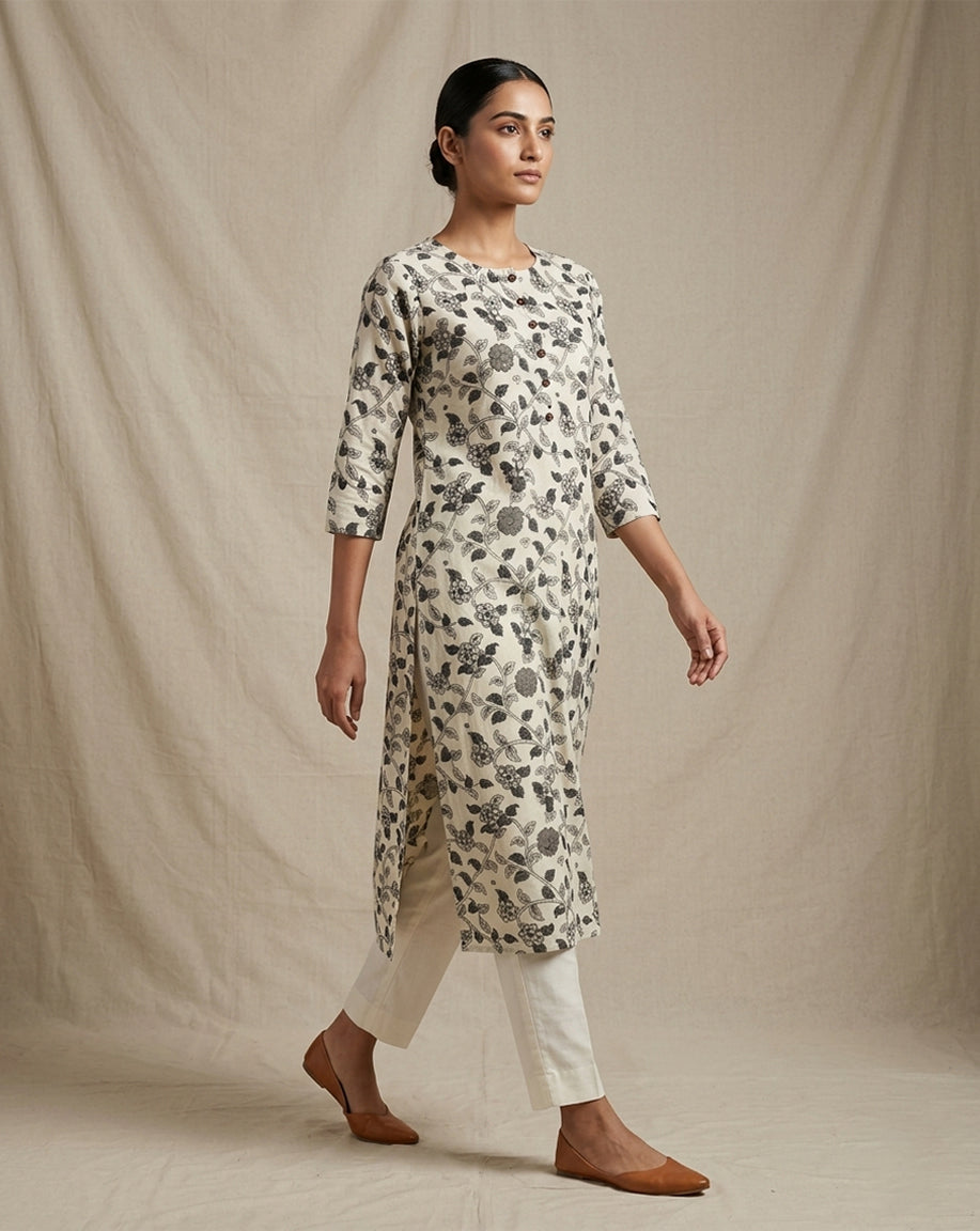 Beige "Classic" Floral Print Cotton Straight Kurta