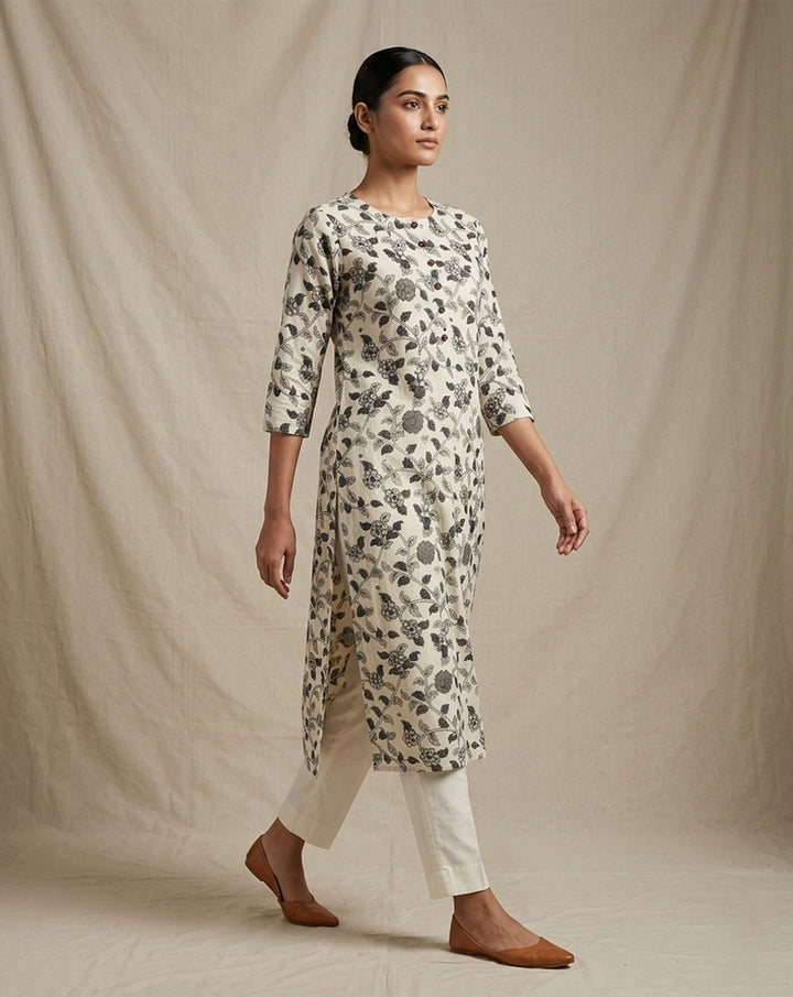 Beige "Classic" Floral Print Cotton Straight Kurta