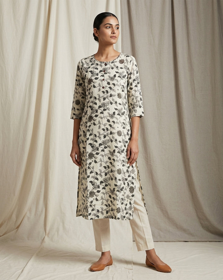 Beige "Classic" Floral Print Cotton Straight Kurta